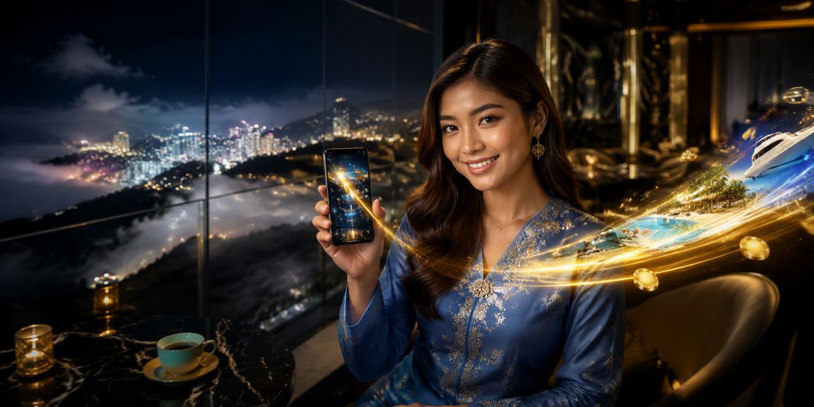 Pemain berbaju kurung menggunakan telefon untuk semak promosi g100 di Genting Highlands